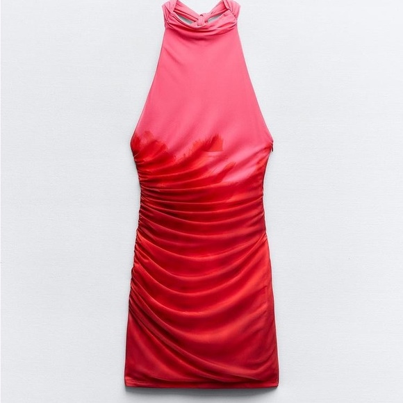 Red/Pink Printed mesh mini Zara Dress. Size small. - Picture 1 of 5
